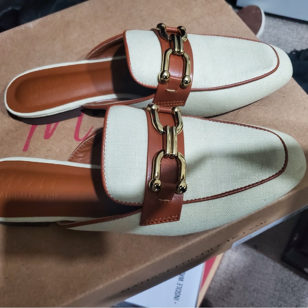 MOTF Cream and Brown Mules with Gold Accent
